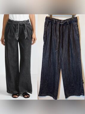 NEW Lands End Black High Ridge Twill Pull On Pleated Wide Leg Pants M 10-12‎